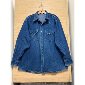Rasco Mens XXL Long Denim Western Pearl Snap Shirt Blue Cotton Made in USA